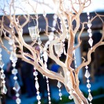 Manzanita draped with Swarovski crystals and hanging votive candles sparkling in the sun